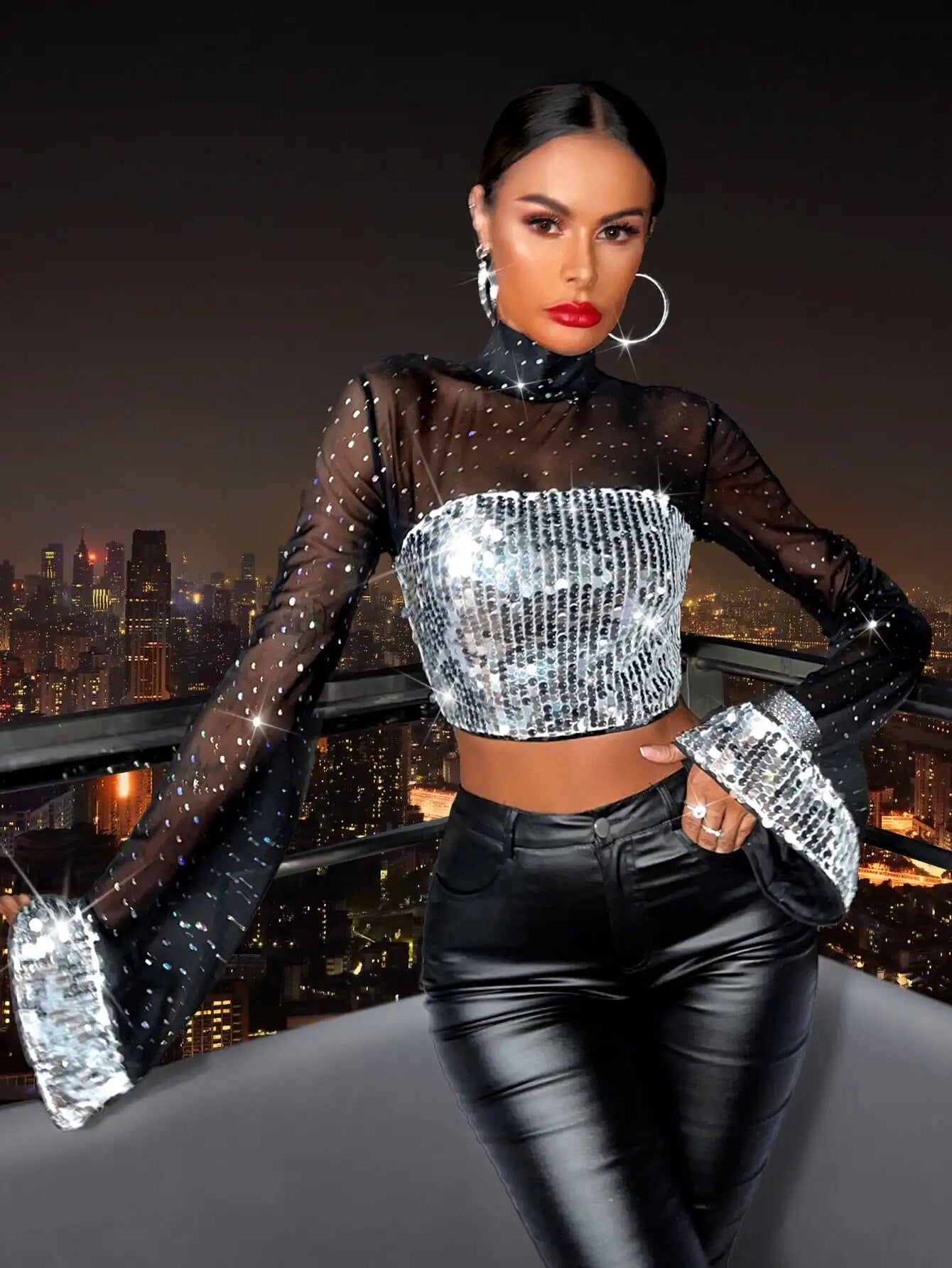 sparkly mesh long sleeve top